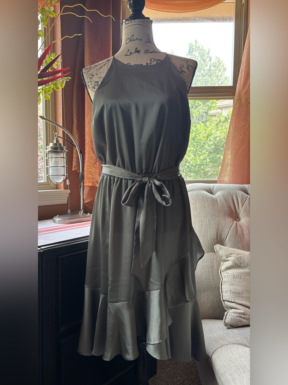 Jennifer Lopez Olive Green Halter Midi Dress with Waist Tie